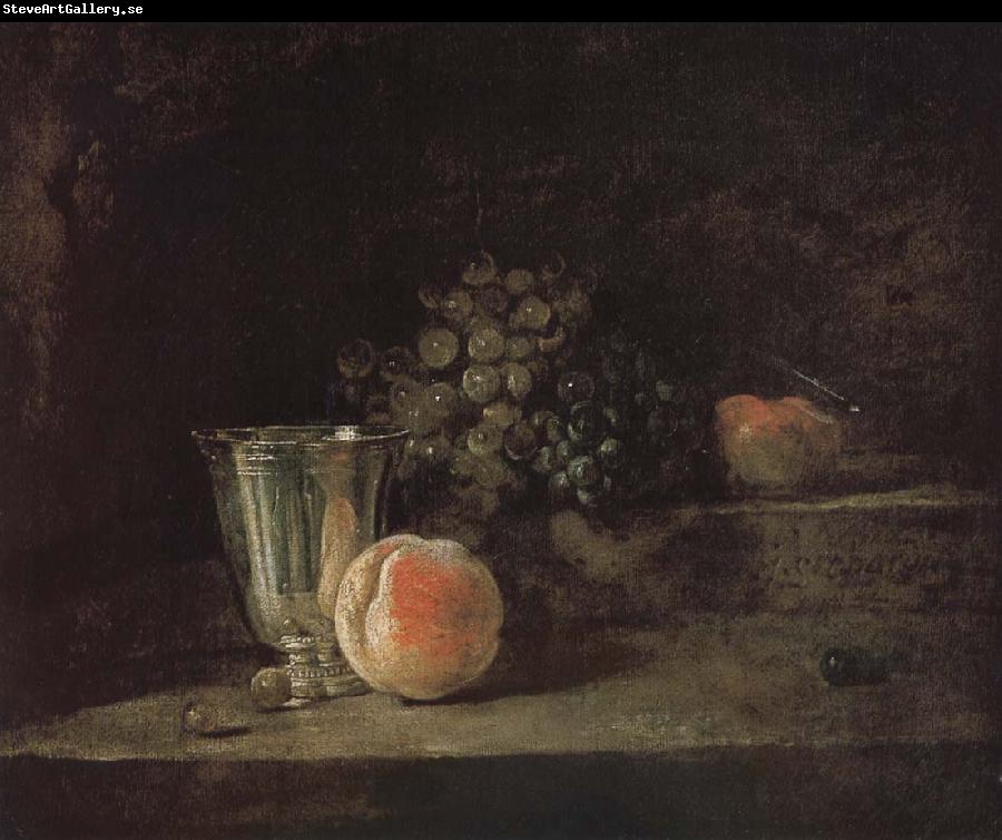 Jean Baptiste Simeon Chardin Silver peach red wine grapes and apple